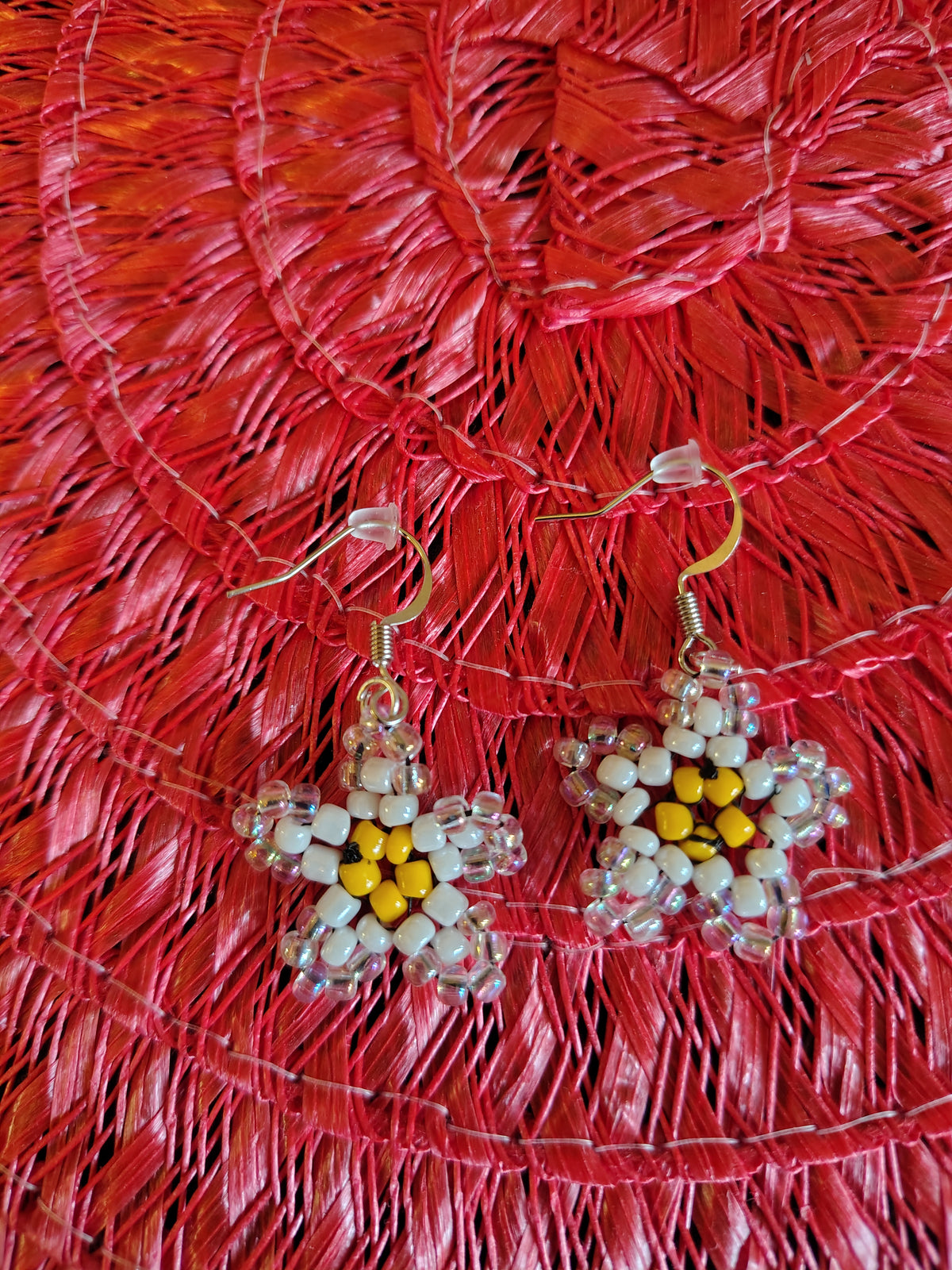 Handcrafted White & Gold Beaded Plumeria Flower Earrings