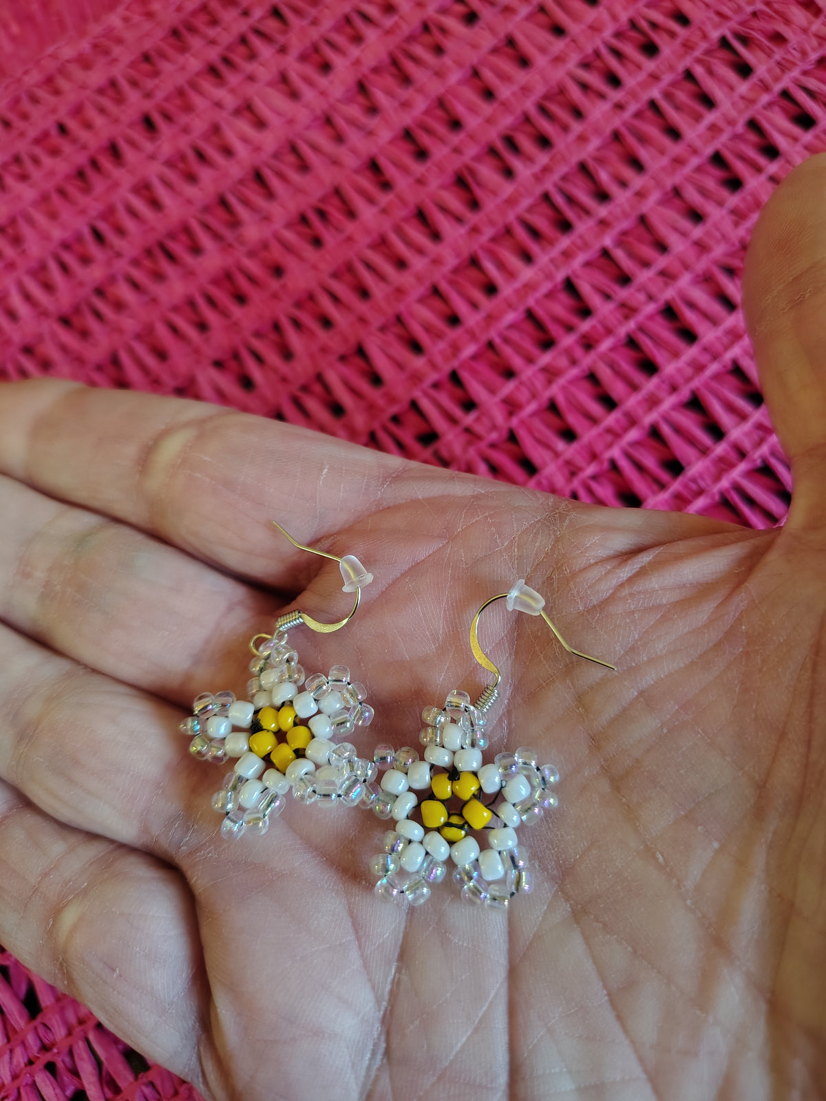 Handcrafted White & Gold Beaded Plumeria Flower Earrings