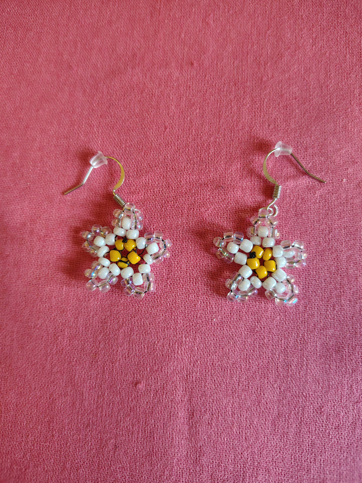 Handcrafted White & Gold Beaded Plumeria Flower Earrings