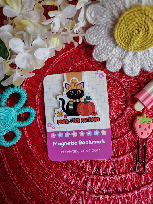 Purr-fect Autumn Black Cat Magnetic Bookmark