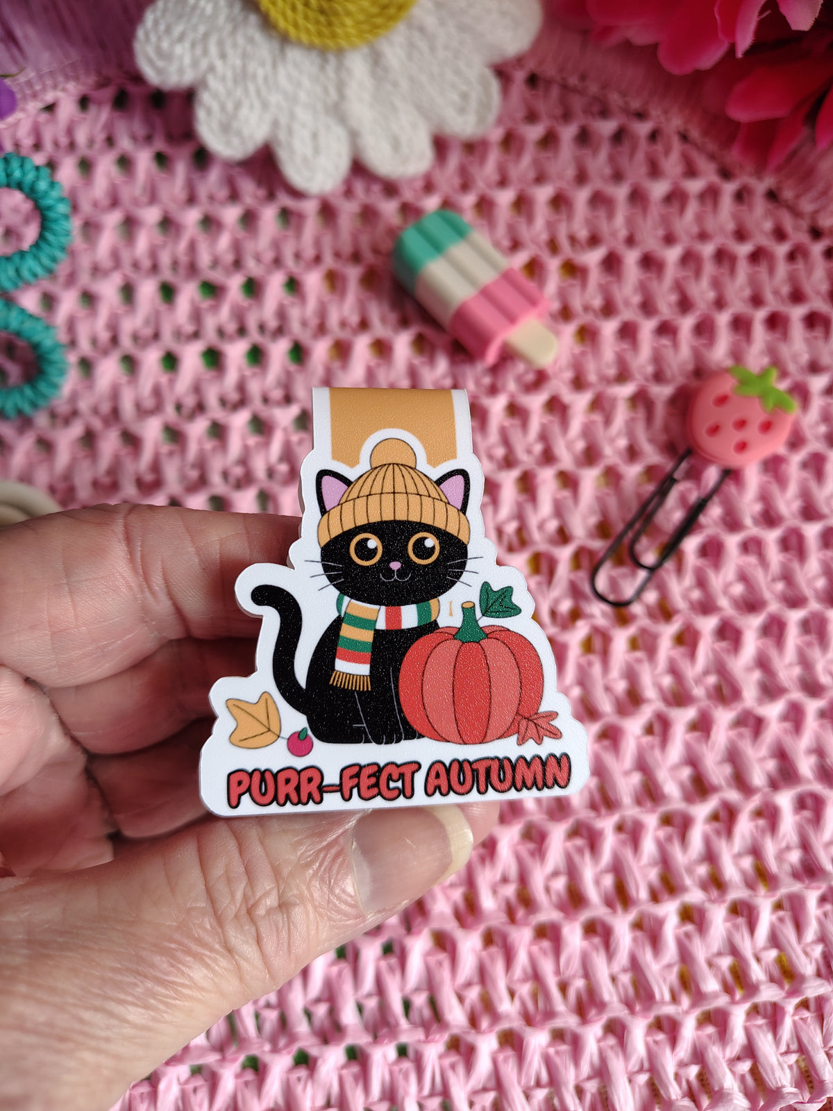 Purr-fect Autumn Black Cat Magnetic Bookmark