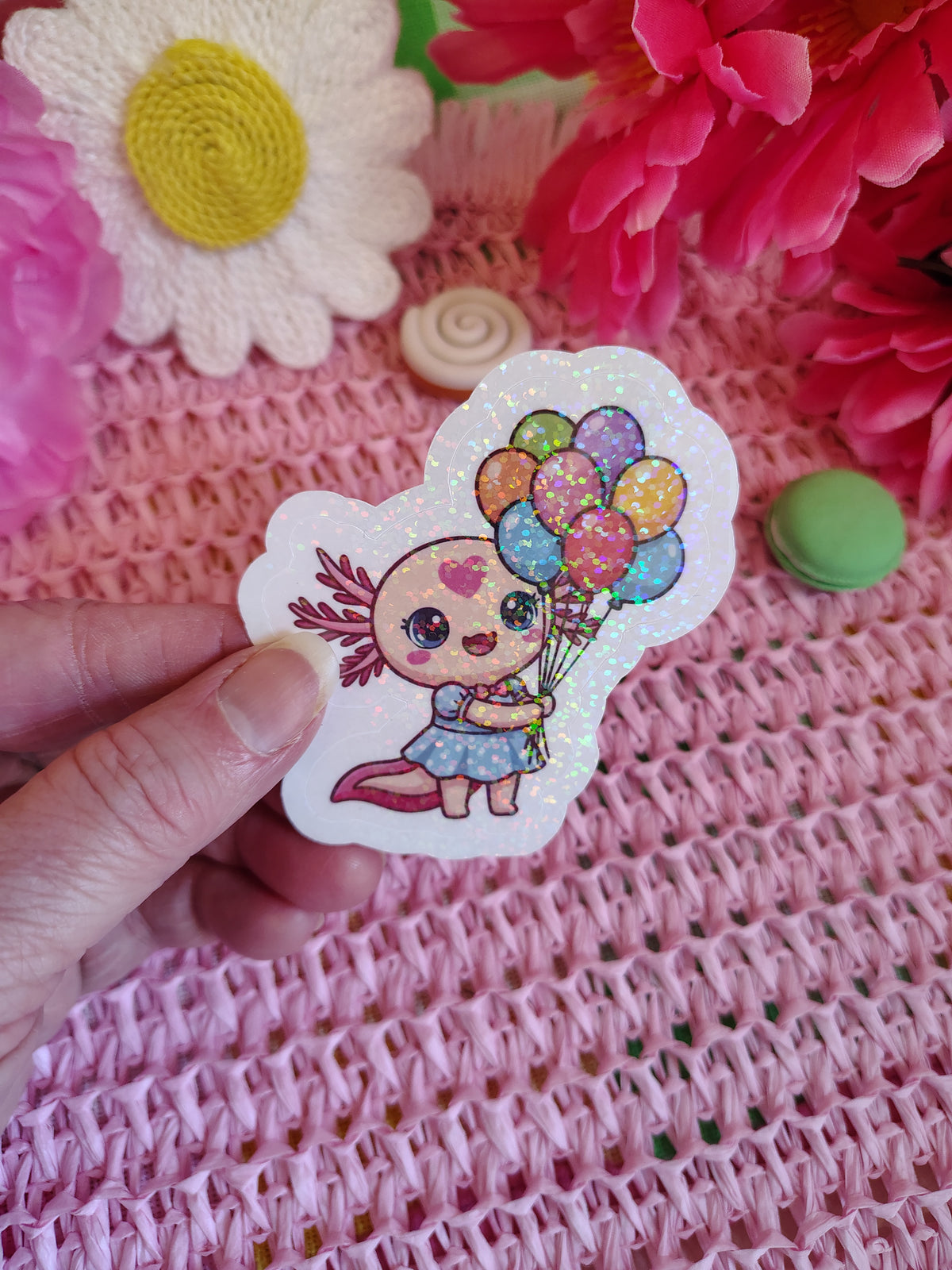 Twiggy the Axolotl with Balloons Vinyl Sticker