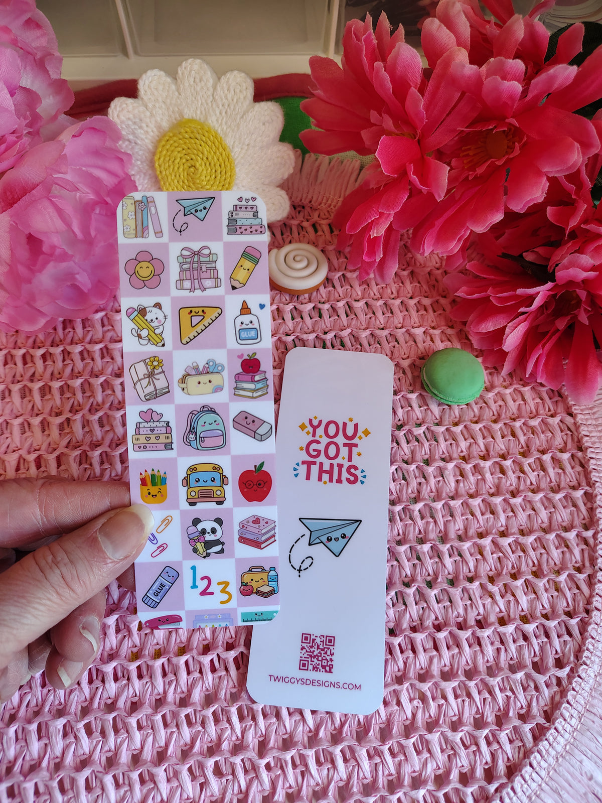 Kawaii School Supplies Checkered Bookmark