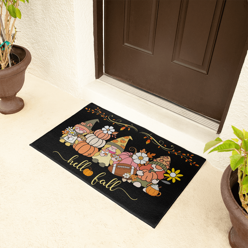 Hello Fall Gnomes Doormat – Charcoal Gray Background