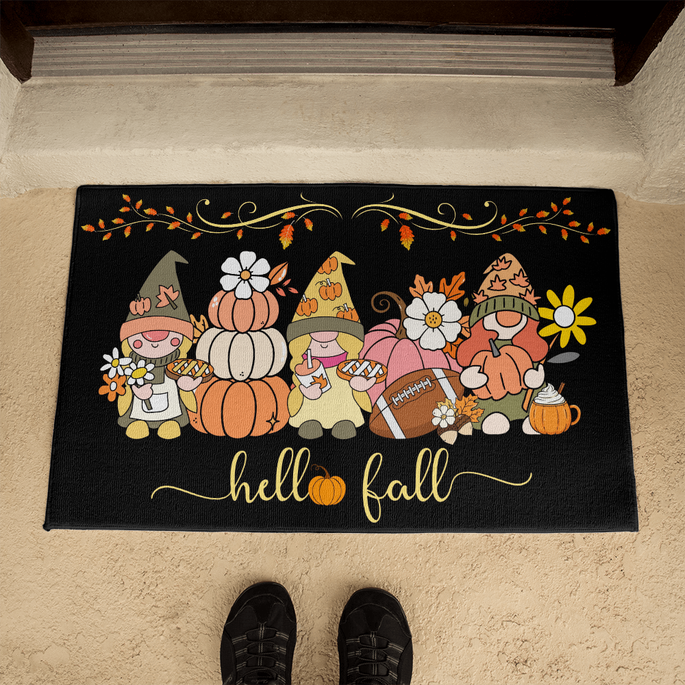 Hello Fall Gnomes Doormat – Charcoal Gray Background